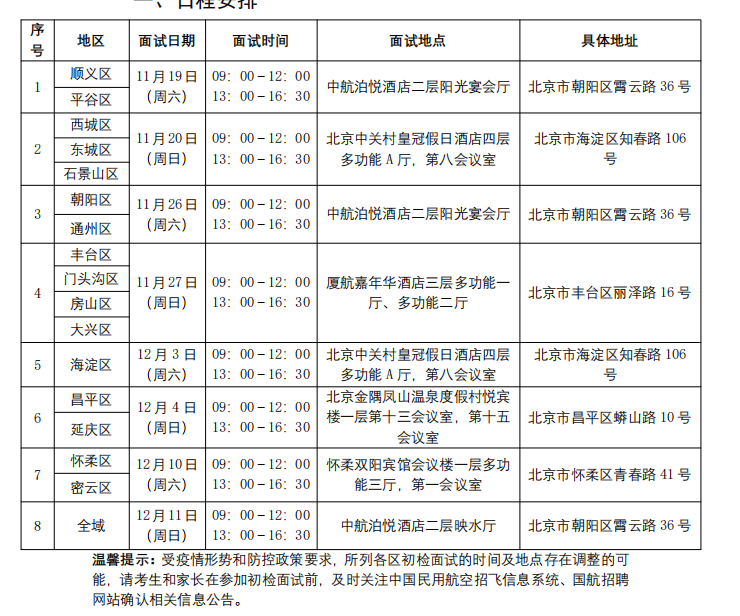 国航股份2023年校企合作招飞初检面试日程安排（北京市）