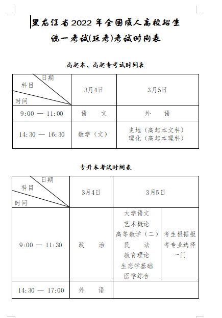 黑龙江省2022年全国成人高校招生统一考试（延考）公告