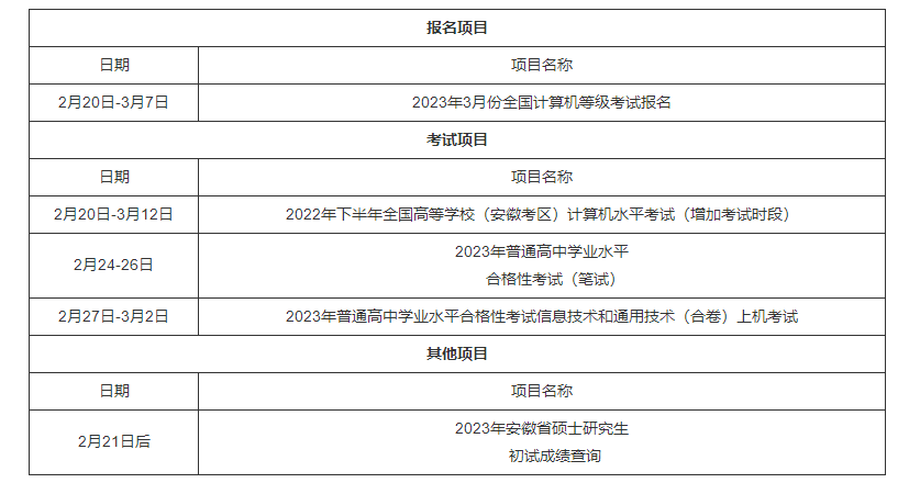 安徽：2023年2月教育招生考试月历