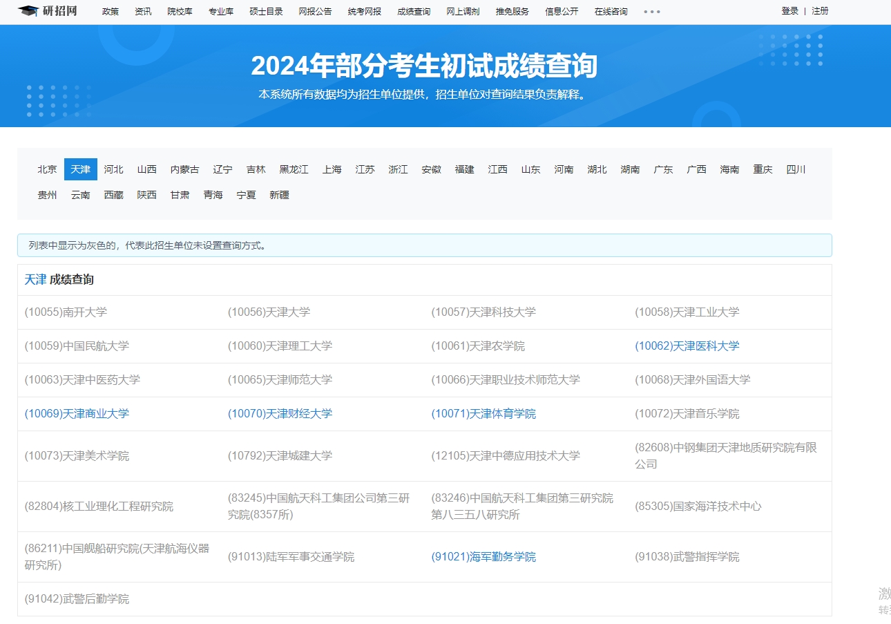 天津中医药大学2024年考研初试成绩查询入口